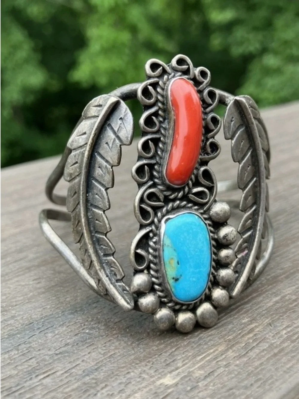Turquoise & Red Jasper Mexico 925 Sterling Silver Cuff Bangle Bracelet Vintage - Picture 2 of 10